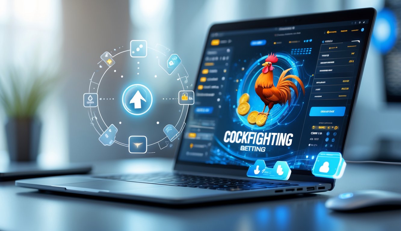 Sebuah laptop atau ponsel pintar di atas meja dengan tampilan antarmuka digital yang menunjukkan aktivitas taruhan online sabung ayam.