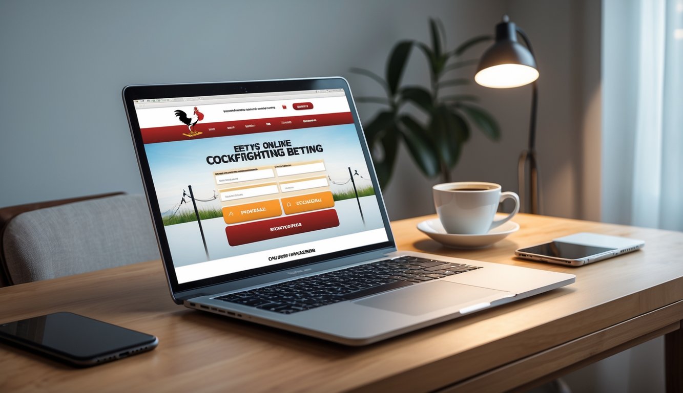 Sebuah meja kerja dengan laptop yang menampilkan situs pendaftaran sabung ayam online, dikelilingi oleh smartphone dan cangkir kopi di ruangan yang terang.