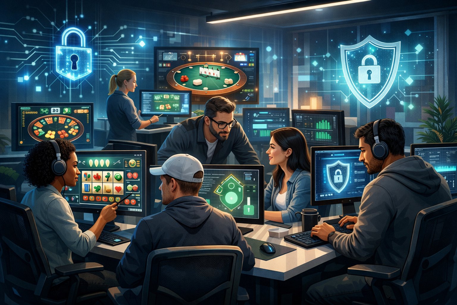 A Team Of Developers Working Together In A HighTech Office With Multiple Screens Showing Casino Game Designs And Security Symbols.