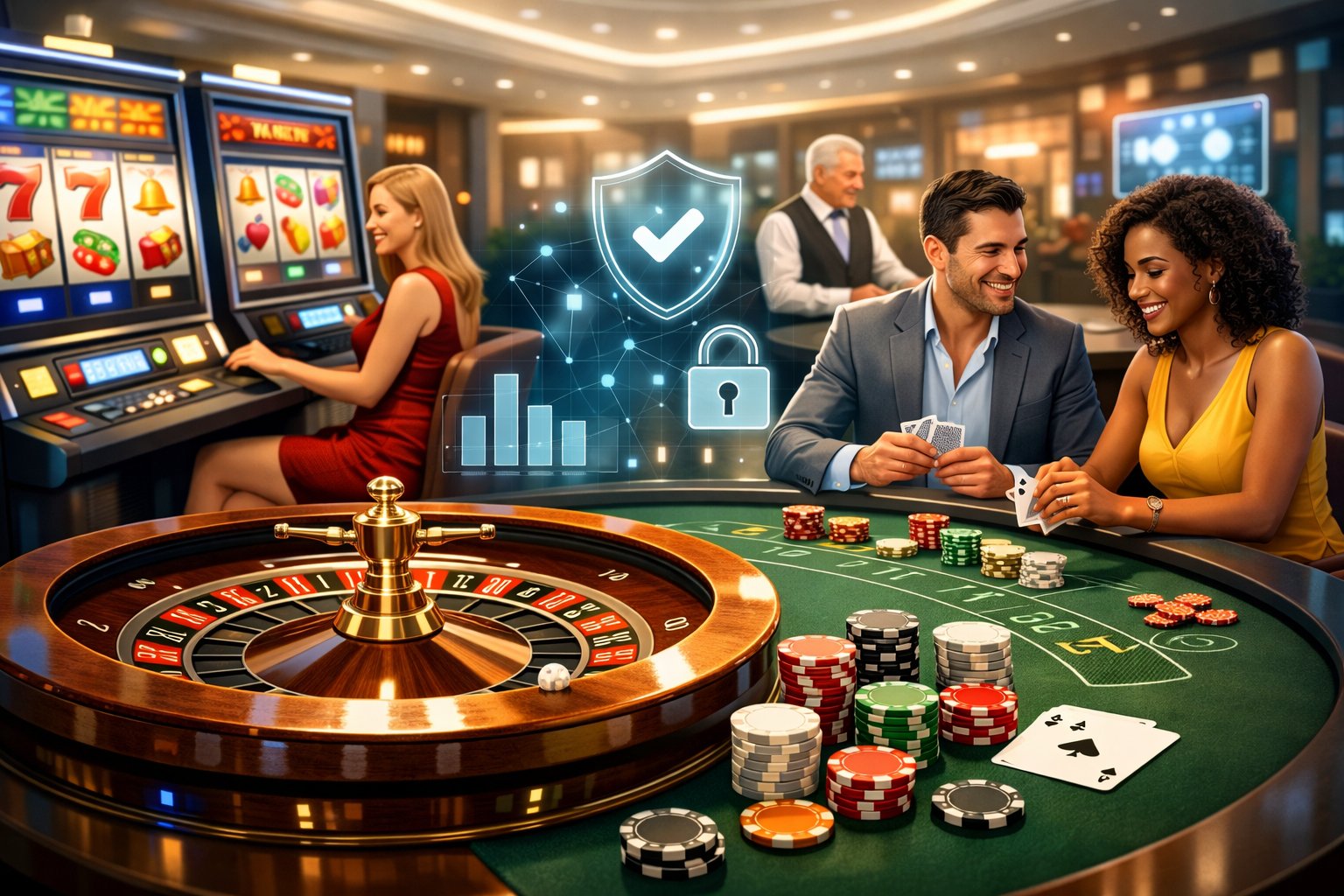 A Casino Scene Showing Various Casino Games Like Slot Machines, A Roulette Wheel, And Poker Chips With Players Enjoying The Games In A Bright And Modern Environment.