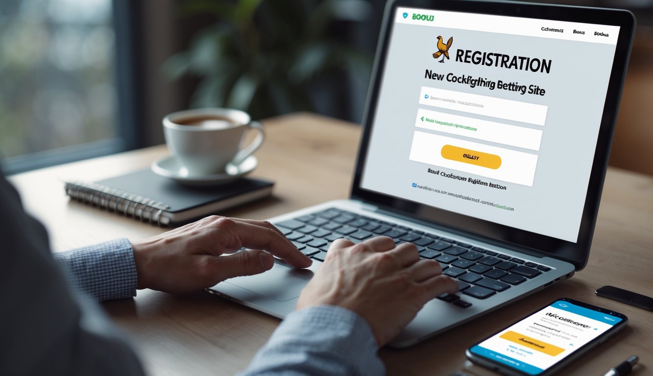 Seseorang sedang mengetik di laptop dengan formulir pendaftaran online terbuka, di sampingnya ada ponsel yang menampilkan notifikasi, di meja terdapat cangkir kopi dan buku catatan.