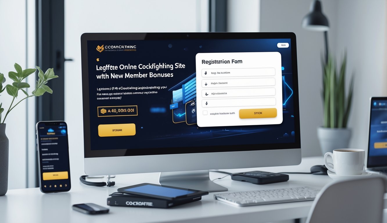 Seseorang sedang mengisi formulir pendaftaran di komputer untuk situs sabung ayam online resmi dengan suasana ruang kerja yang rapi dan terang.