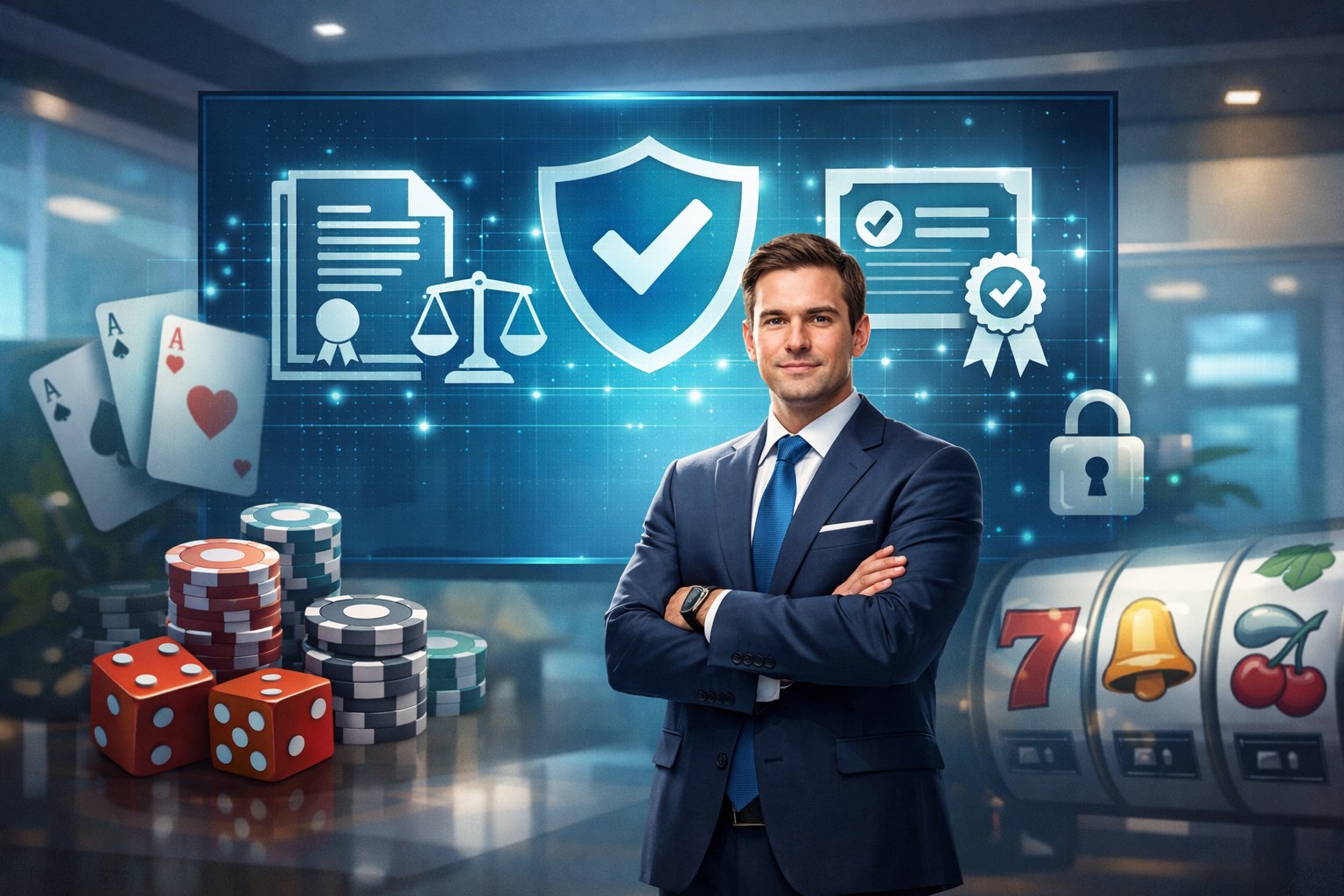 A Business Professional Standing In A Modern Office With Digital Icons Representing Legal Documents, Compliance Checkmarks, And Casino Game Symbols In The Background.