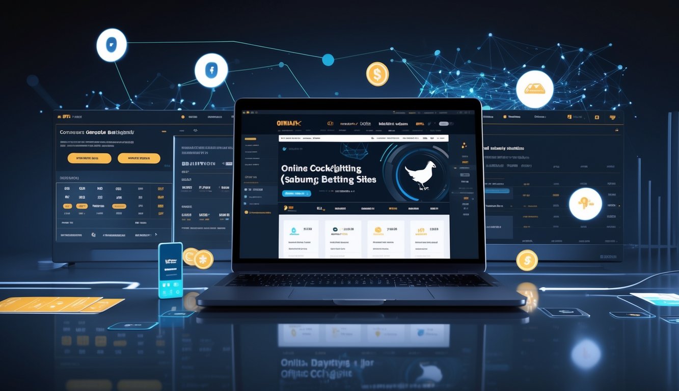 Seorang pengguna sedang melihat situs taruhan sabung ayam online resmi di laptop dengan latar belakang grafik dan ikon terkait taruhan digital.