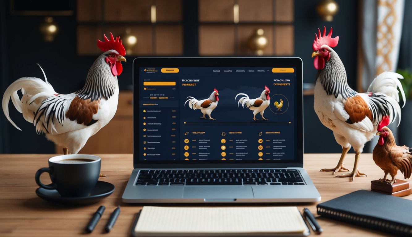 Sebuah laptop di meja kerja menampilkan situs sabung ayam online resmi dengan dua ayam aduan di latar belakang dan perlengkapan kerja di sekitar meja.