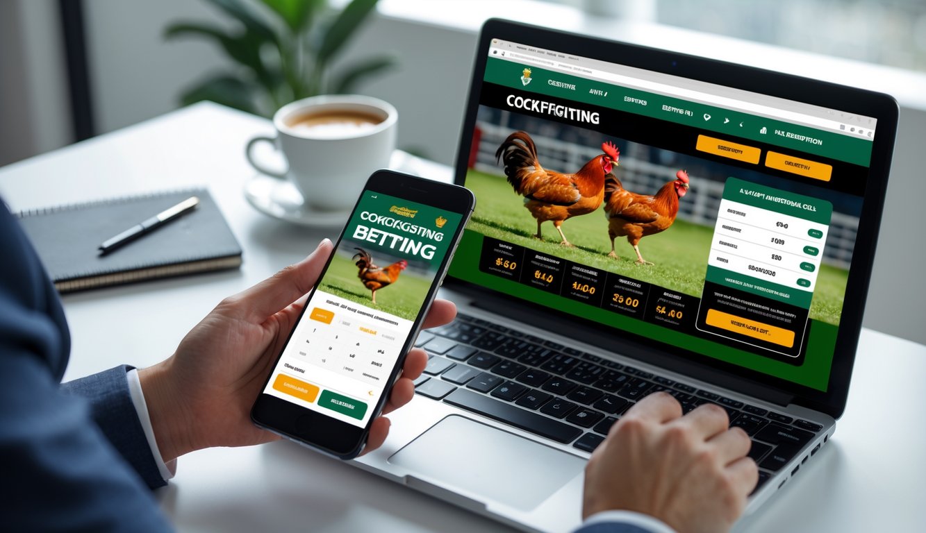 Seseorang menggunakan laptop dan ponsel untuk memasang taruhan sabung ayam online di lingkungan kerja yang rapi dan terang.