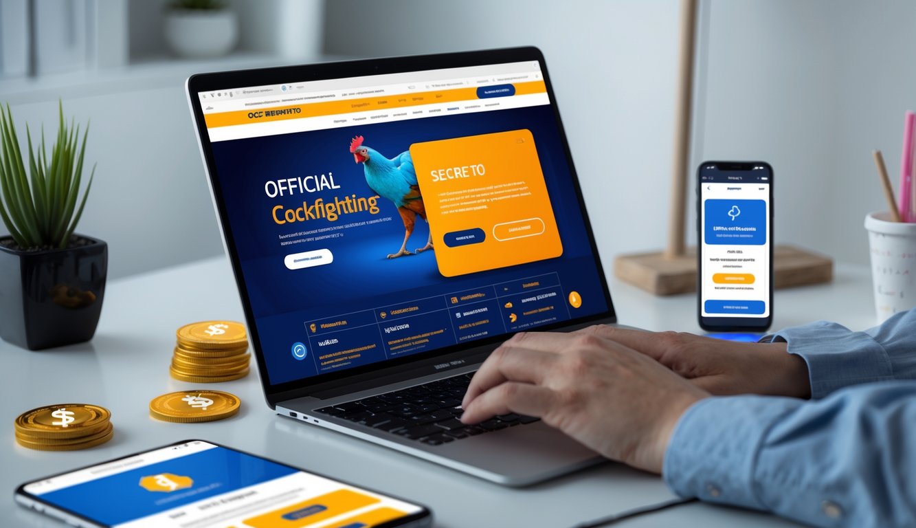 Seorang pengguna berinteraksi dengan laptop di ruang kerja modern yang menampilkan situs taruhan sabung ayam online resmi dengan elemen transaksi digital di sekitarnya.