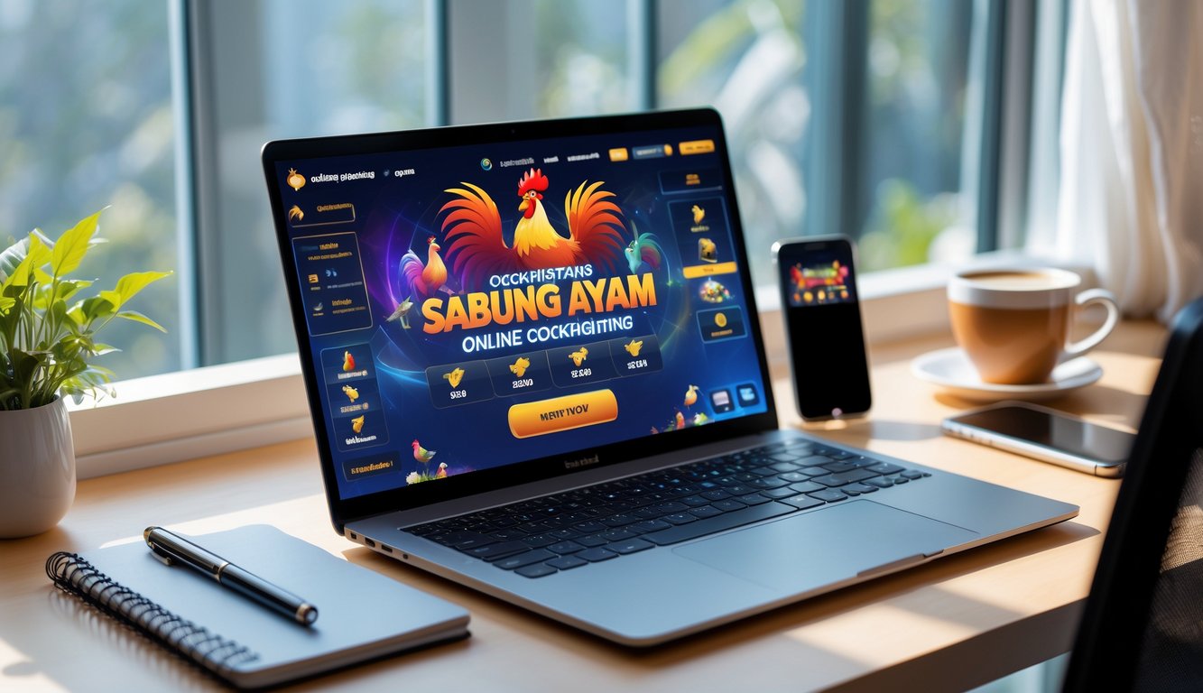 Meja kerja dengan laptop yang menampilkan antarmuka situs sabung ayam online, dikelilingi oleh buku catatan, pena, dan secangkir kopi.