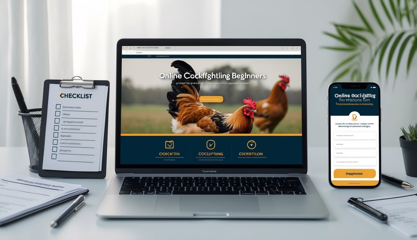 Meja kerja modern dengan laptop yang menampilkan situs sabung ayam online resmi, dilengkapi dengan daftar dan ponsel untuk pendaftaran.