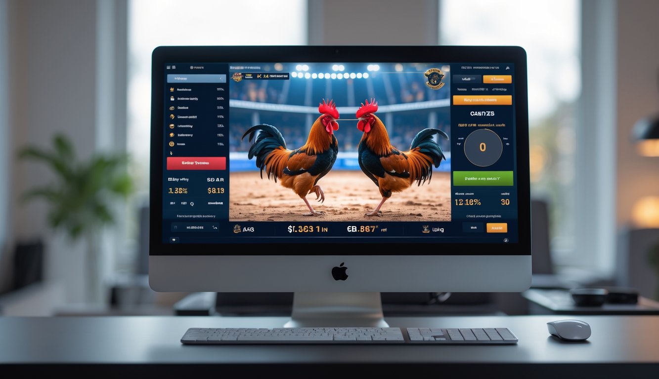 Sebuah meja komputer modern dengan layar menampilkan pertandingan sabung ayam secara langsung dalam kualitas HD.