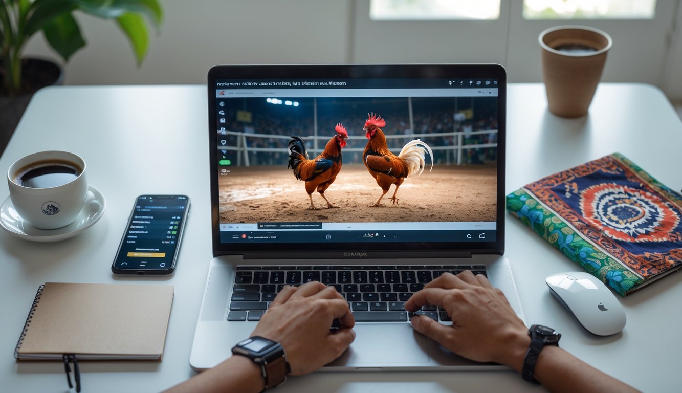 Seorang pengguna komputer menonton siaran langsung sabung ayam online di layar dengan dua ayam jago bertarung, di meja kerja yang rapi.