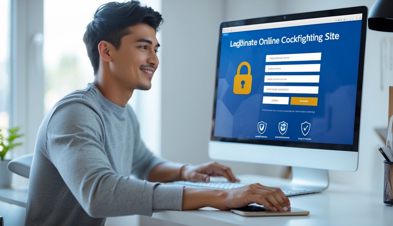 Seorang dewasa muda duduk di meja dengan laptop, sedang mendaftar secara online di lingkungan rumah yang nyaman dan terang.