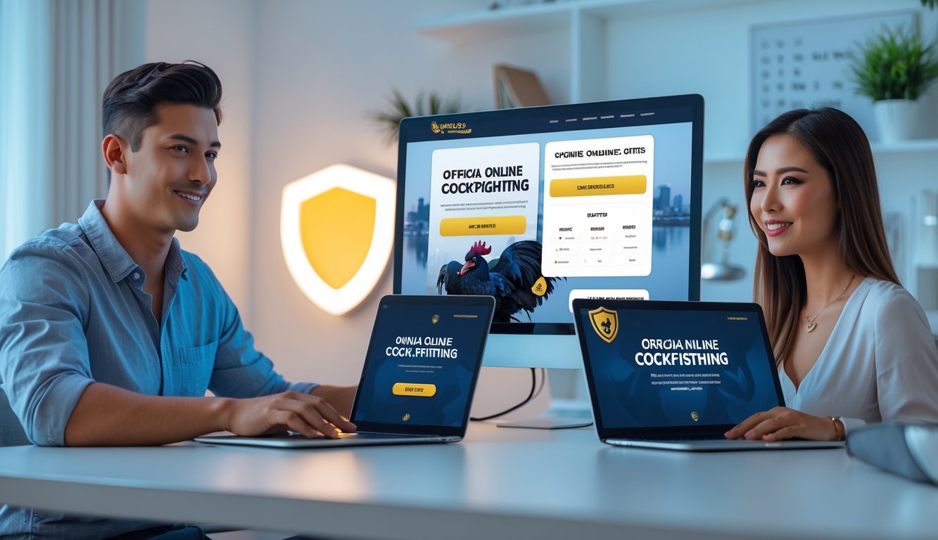 Dua orang muda sedang menggunakan laptop dan ponsel di ruang kerja modern, menunjukkan proses pendaftaran situs sabung ayam online resmi yang aman.