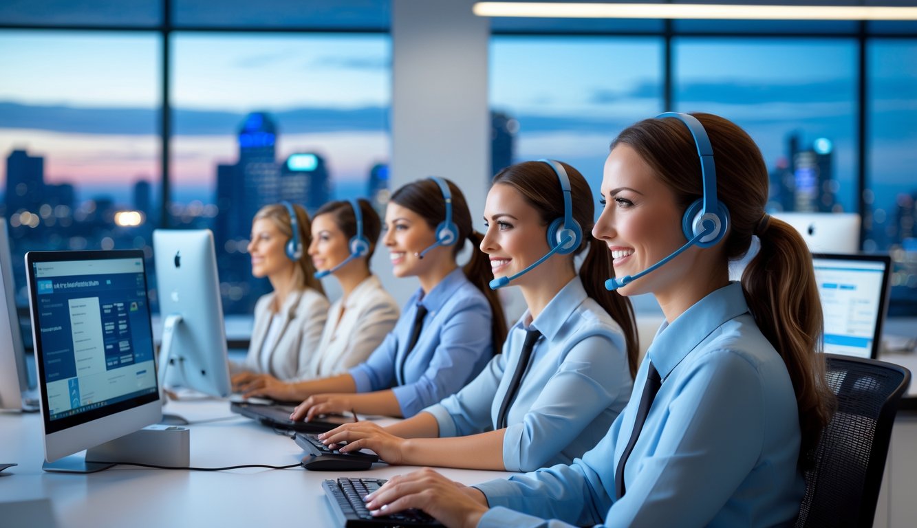 Pusat layanan pelanggan dengan staf yang ramah menggunakan headset di meja kerja dengan komputer, menunjukkan suasana kerja 24 jam.