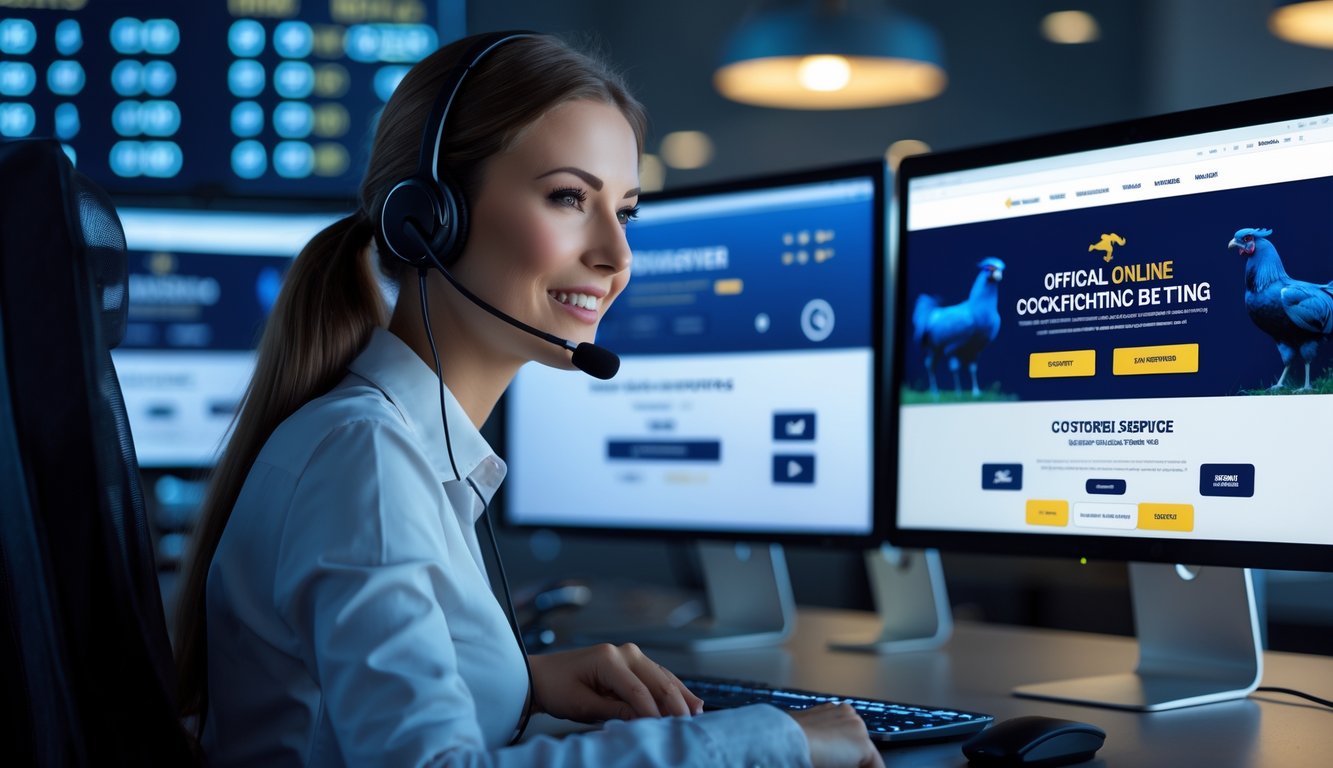 Seorang perwakilan layanan pelanggan sedang bekerja di depan komputer dengan beberapa layar, menunjukkan suasana layanan pelanggan online yang ramah dan profesional.