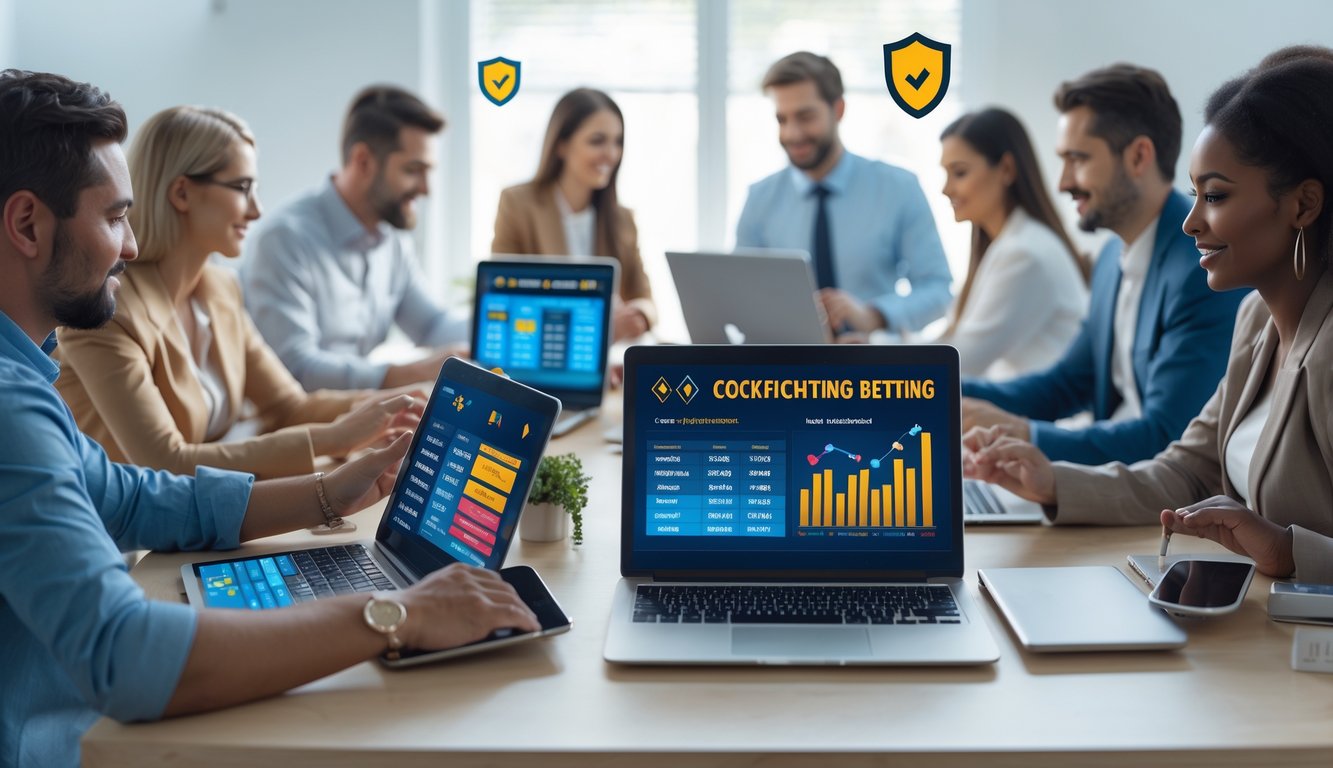 Orang-orang menggunakan perangkat digital untuk mengakses situs sabung ayam online resmi dengan suasana kerja yang terang dan rapi.