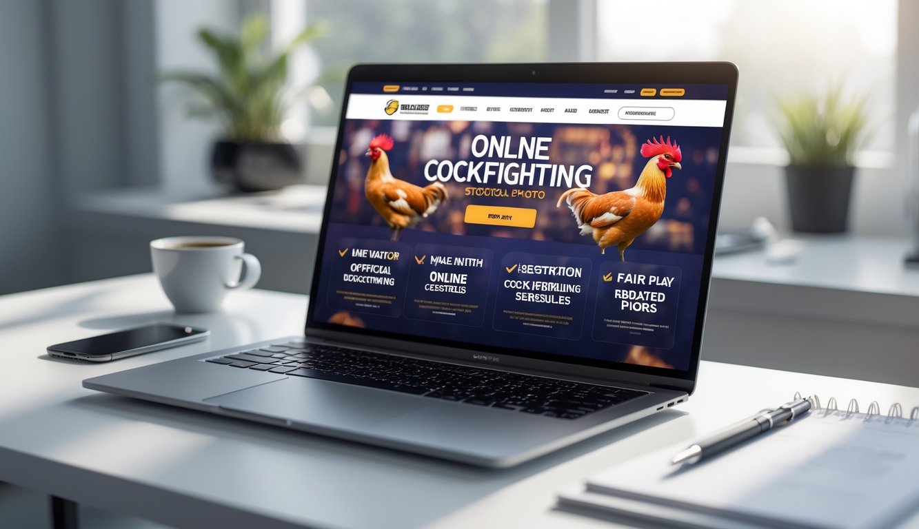 Sebuah laptop menampilkan antarmuka situs sabung ayam online resmi dengan jadwal pertandingan dan indikator sistem fair play, di atas meja kerja dengan beberapa alat tulis dan smartphone.