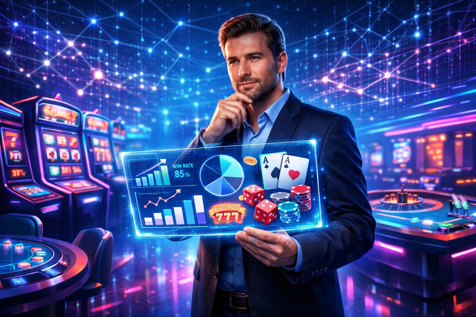 A Person Standing In A Futuristic Digital Casino Environment With Slot Machines And Gaming Tables, Interacting With A Glowing Holographic Interface Displaying CasinoRelated Icons.