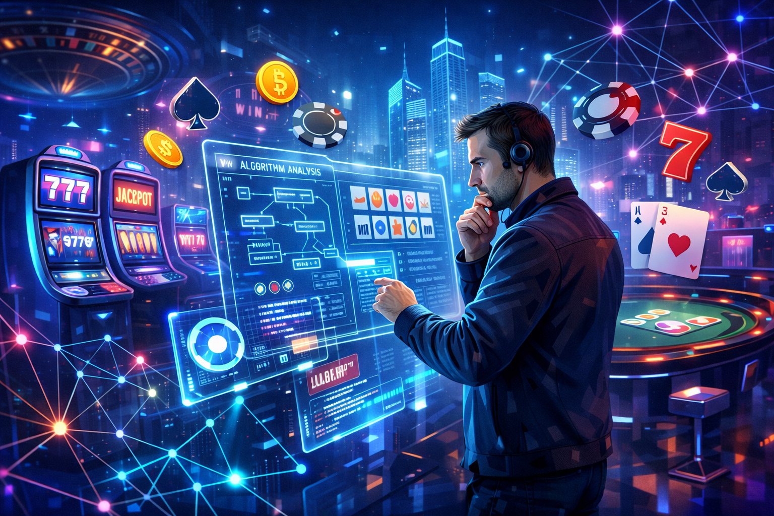 A Developer Working With Holographic Screens In A Futuristic Casino Filled With Digital Slot Machines And Glowing Game Elements.