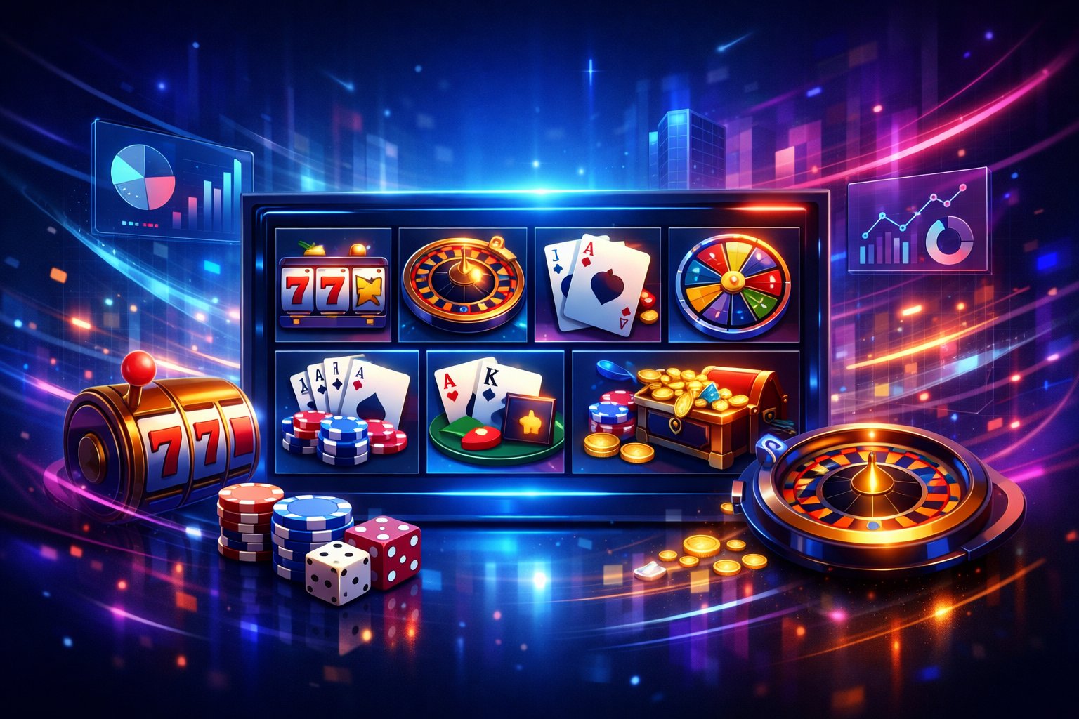 A Digital Casino Scene Showing Various Casino Games And Futuristic Holographic Elements Representing Game Variety And Innovation.