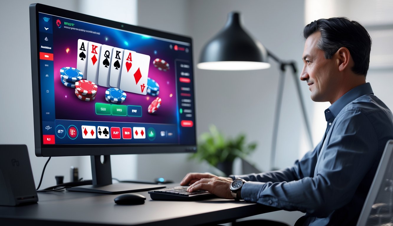 Seorang dewasa menggunakan komputer di meja dengan layar menampilkan permainan poker online, di ruang kerja yang rapi dan terang.