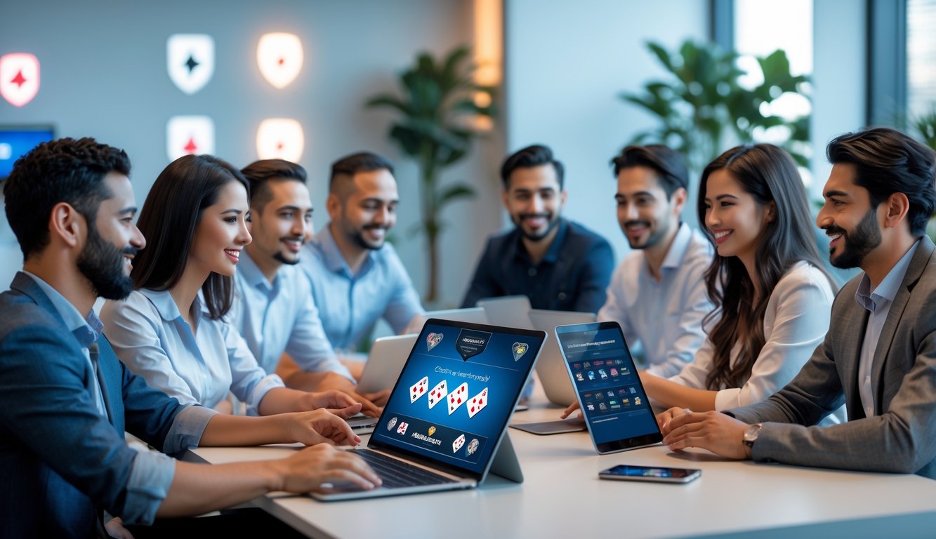 Beberapa orang sedang bermain poker online menggunakan laptop dan perangkat digital di ruangan kantor yang terang dan modern.