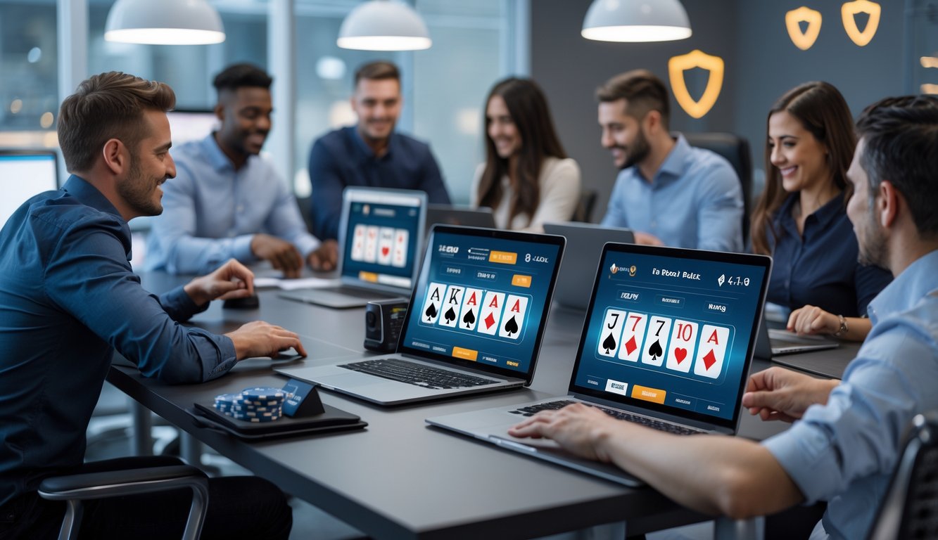 Sejumlah orang bermain poker online menggunakan laptop dan tablet di sebuah kantor modern yang terang dan profesional.