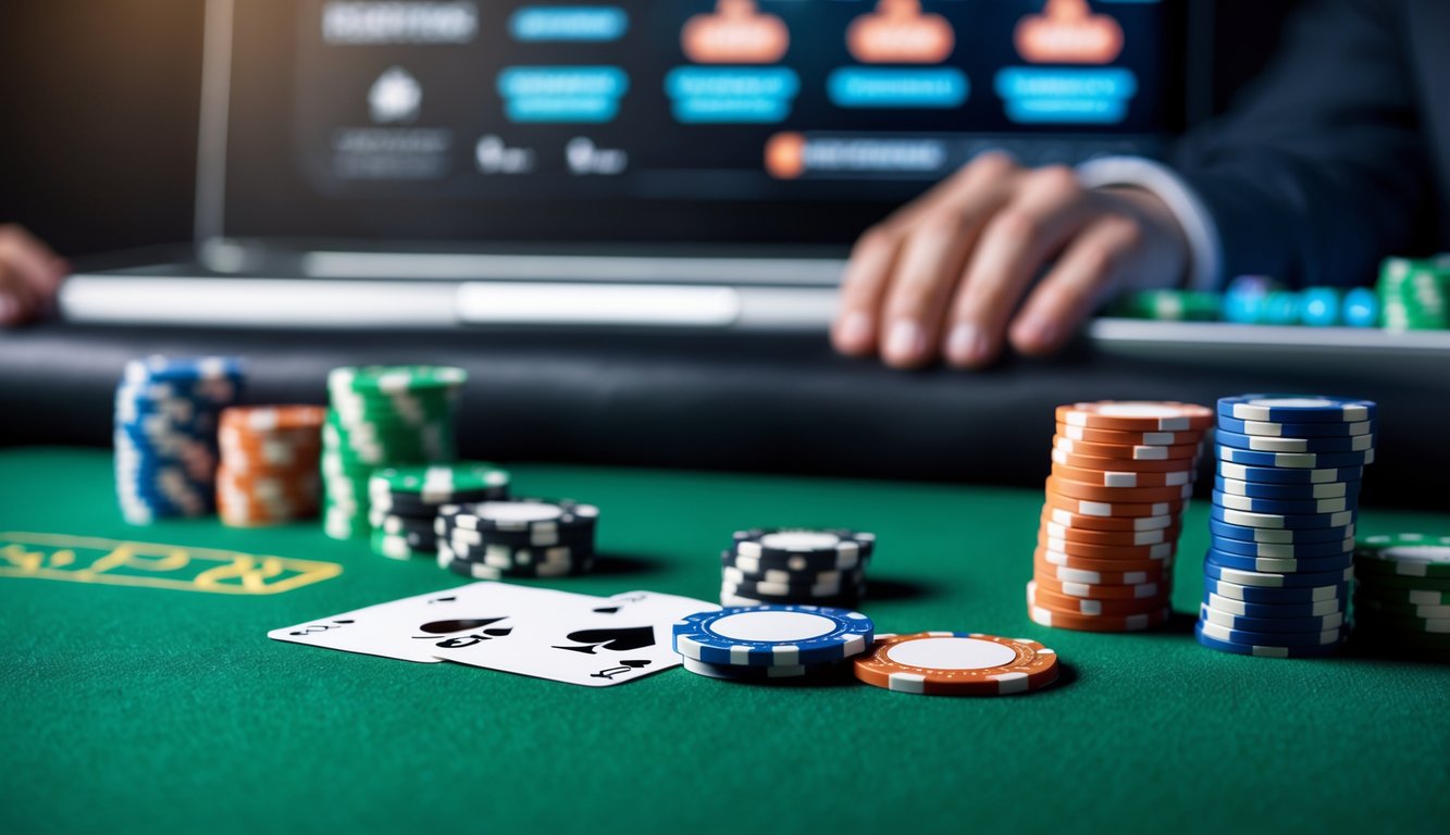 Meja poker dengan chip dan kartu bermain, latar belakang layar digital menunjukkan situs poker online resmi.