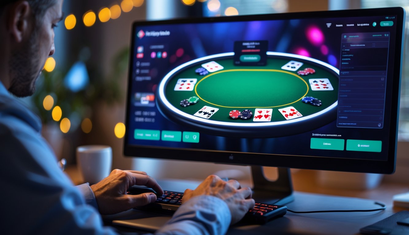 Seorang pemain sedang bermain poker online di depan layar komputer dengan tumpukan chip dan kartu poker yang terlihat jelas.