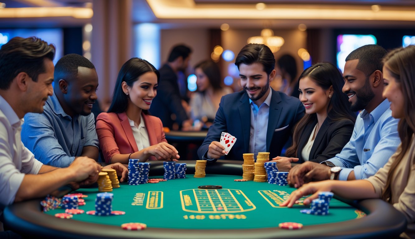 Meja poker dengan pemain dari berbagai latar belakang sedang bermain kartu di dalam kasino yang terang dan elegan.