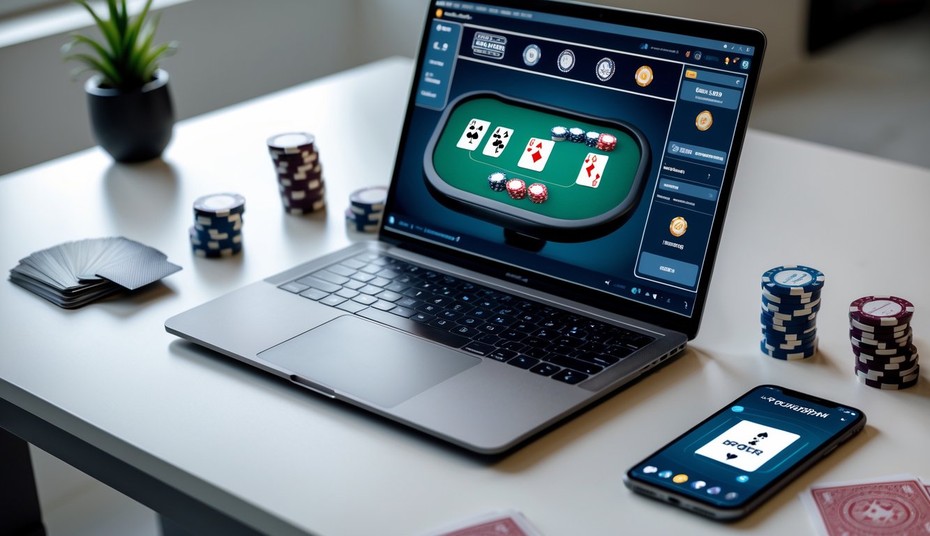 Meja dengan laptop yang menampilkan permainan poker online, kartu remi, dan chip poker di sekitarnya.
