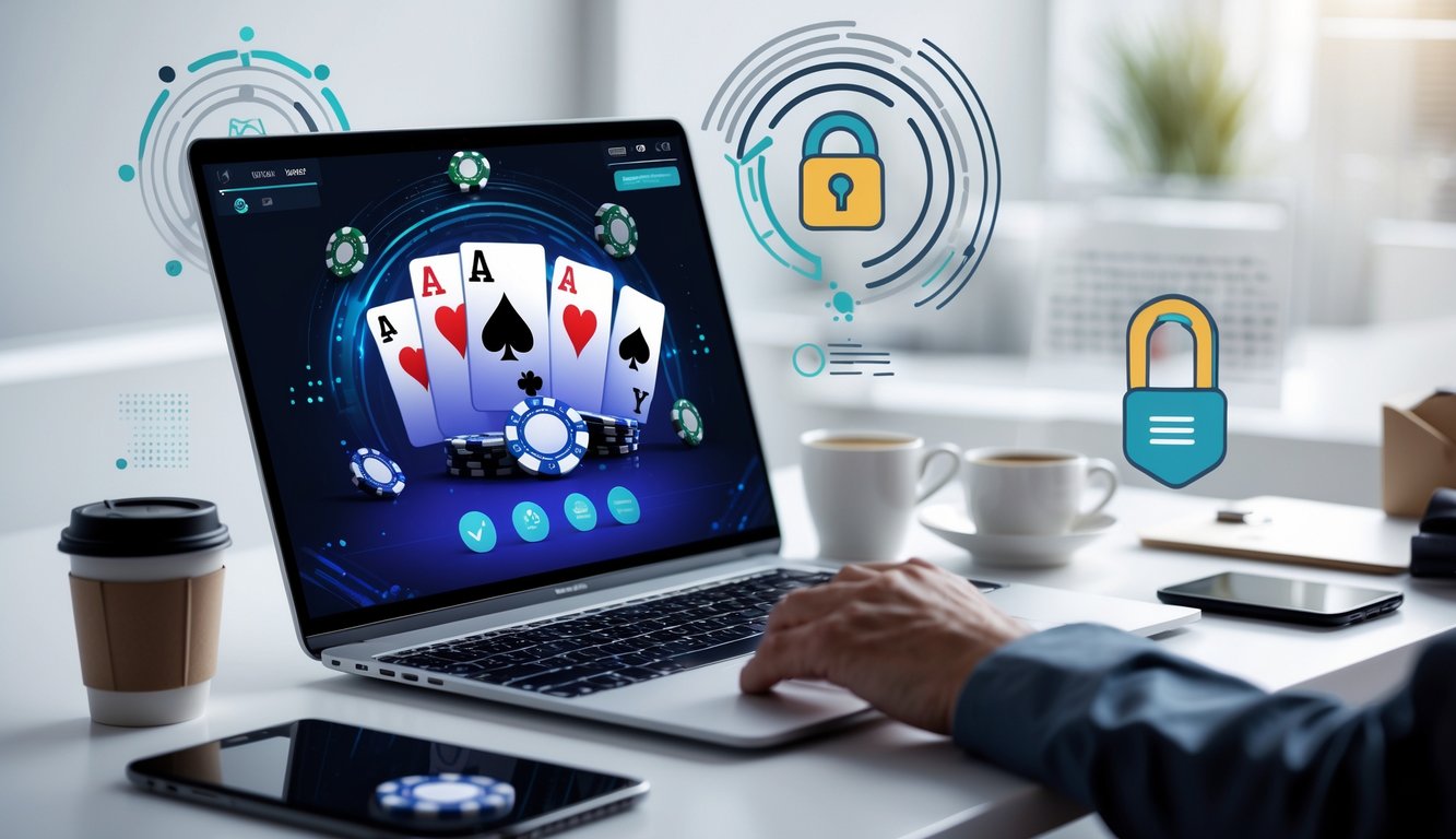 Seseorang menggunakan laptop dengan permainan poker online yang terlihat di layar, di meja kerja bersih dengan cangkir kopi dan ponsel.