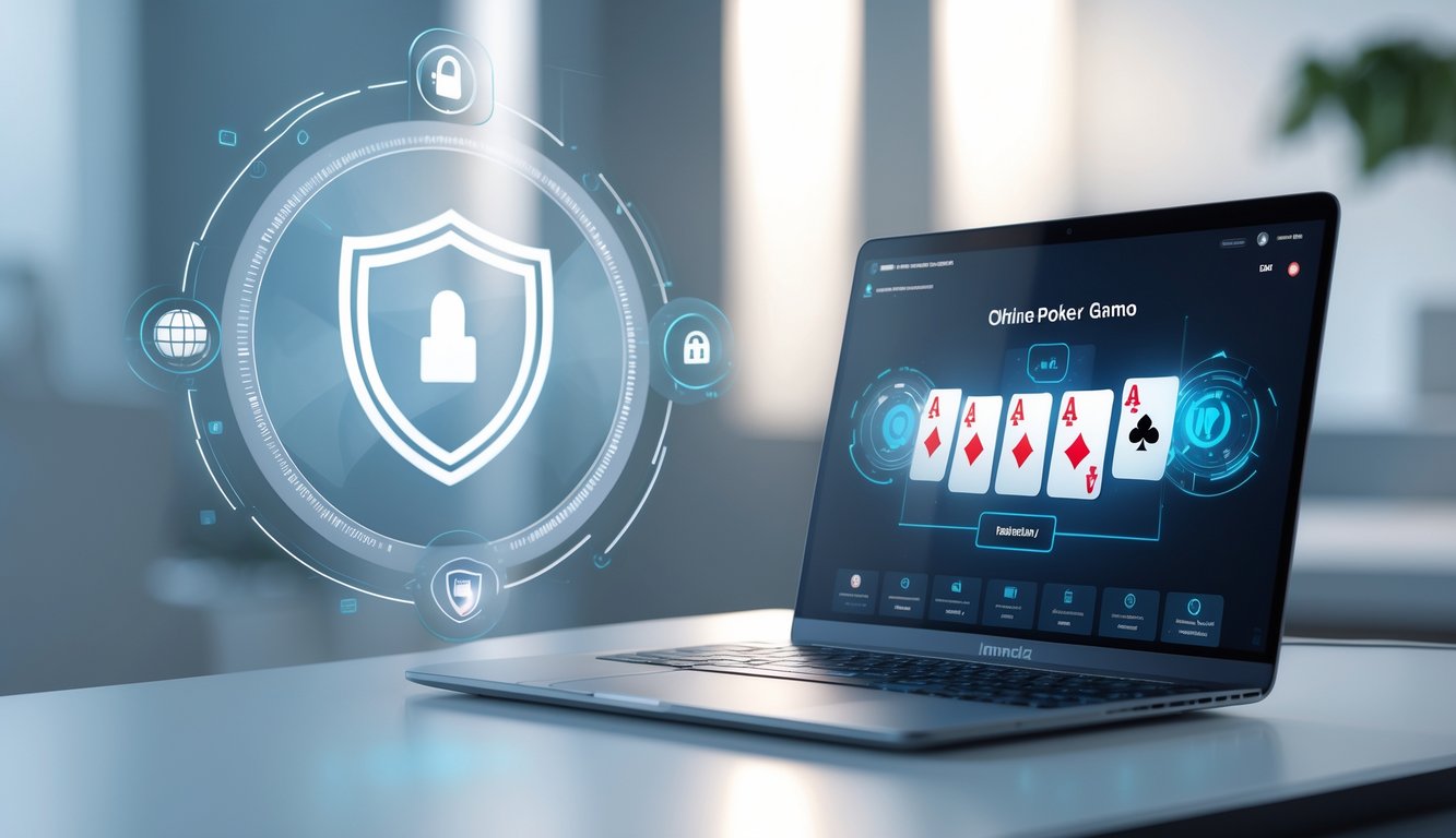 Seorang pemain poker online menggunakan laptop di meja kerja dengan tampilan permainan poker digital di layar.