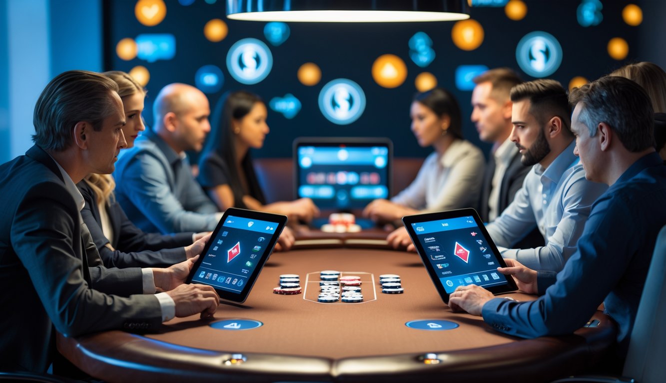 Beberapa orang dewasa sedang bermain poker online menggunakan tablet dan laptop di meja kayu dengan latar belakang ikon transaksi keuangan cepat.