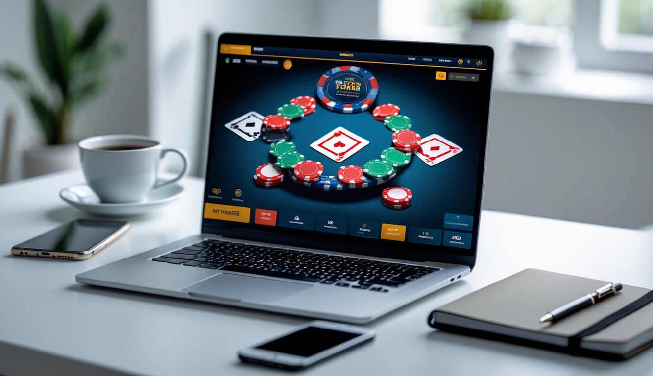 Seorang pemain poker online menggunakan laptop dengan layar menampilkan permainan poker dan chip, di meja terdapat smartphone dan secangkir kopi.