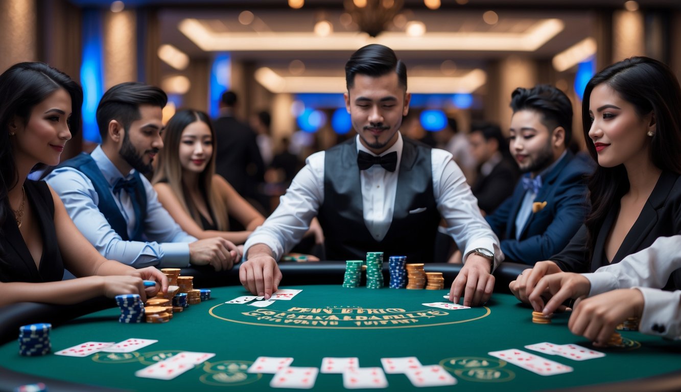 Meja poker dengan pemain yang sedang bermain di kasino mewah, dengan chip dan kartu di atas meja.