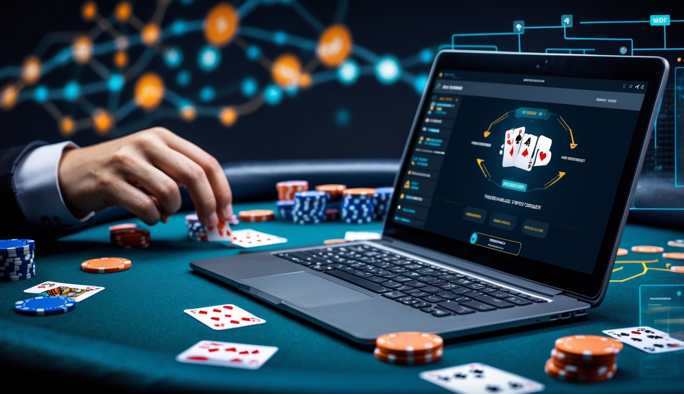 Meja poker modern dengan chip dan kartu, serta laptop yang menampilkan situs poker online.