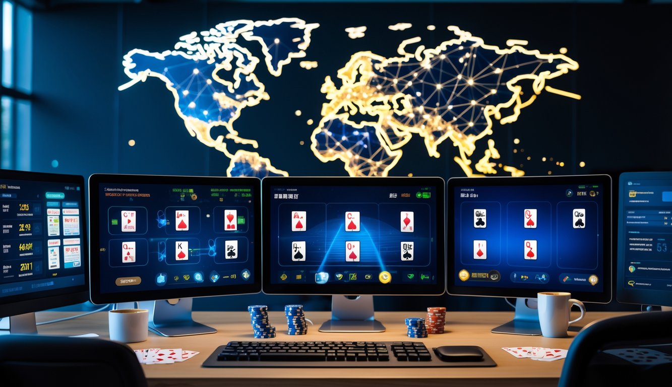 Sebuah meja kerja dengan komputer menampilkan permainan poker online dan peta dunia dengan koneksi jaringan yang menyala.