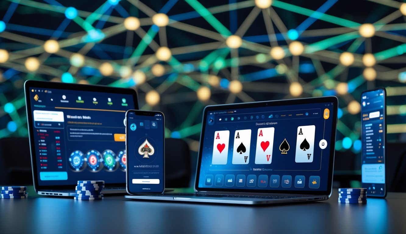 Meja kerja modern dengan laptop dan ponsel yang menampilkan permainan poker online, latar belakang menunjukkan jaringan digital yang mewakili koneksi server internasional yang stabil.