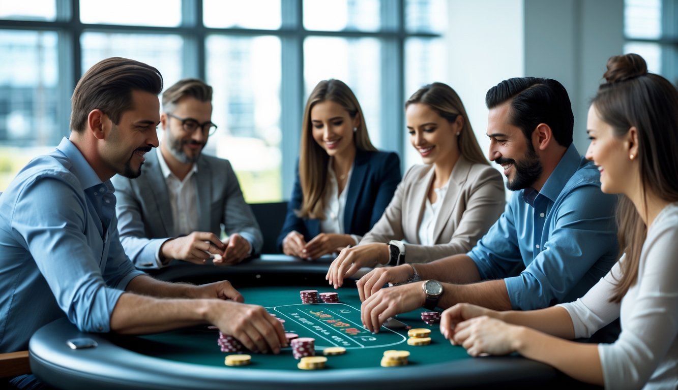 Sekelompok orang bermain poker di meja poker dalam ruangan kantor yang terang dan modern.
