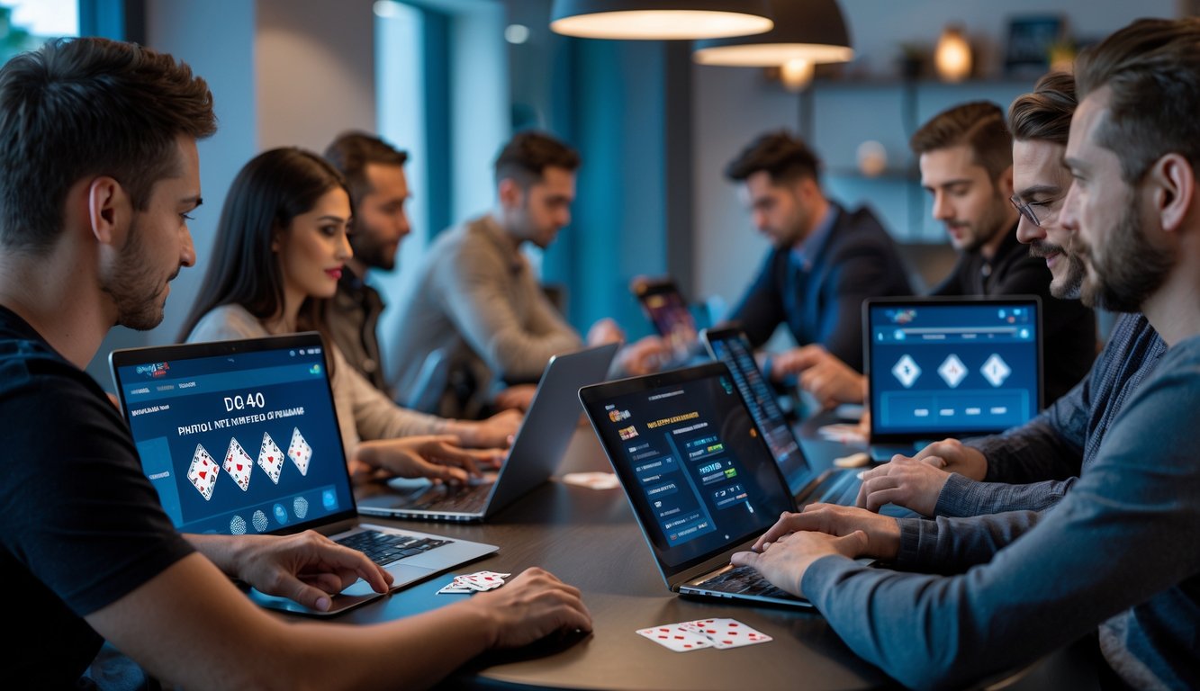 Sekelompok orang bermain poker online menggunakan laptop dan tablet di ruangan yang terang dan nyaman.
