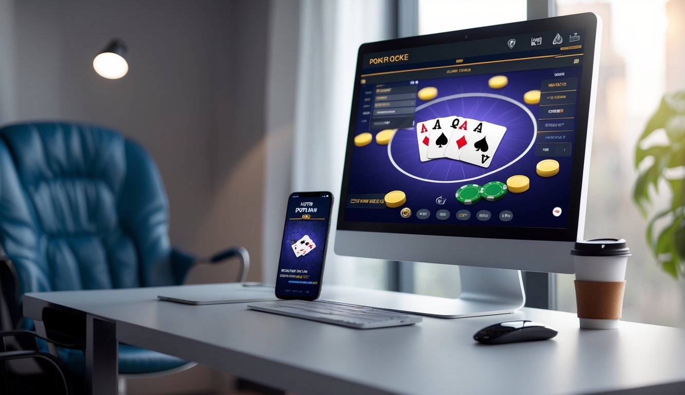 Meja kerja modern dengan komputer dan ponsel yang menampilkan permainan poker online, suasana nyaman dengan cahaya alami.