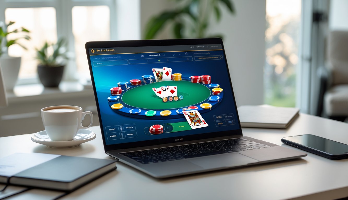 Sebuah meja dengan komputer menampilkan permainan poker online dengan chip dan kartu poker di sekitar, di dalam ruangan yang terang dan rapi.