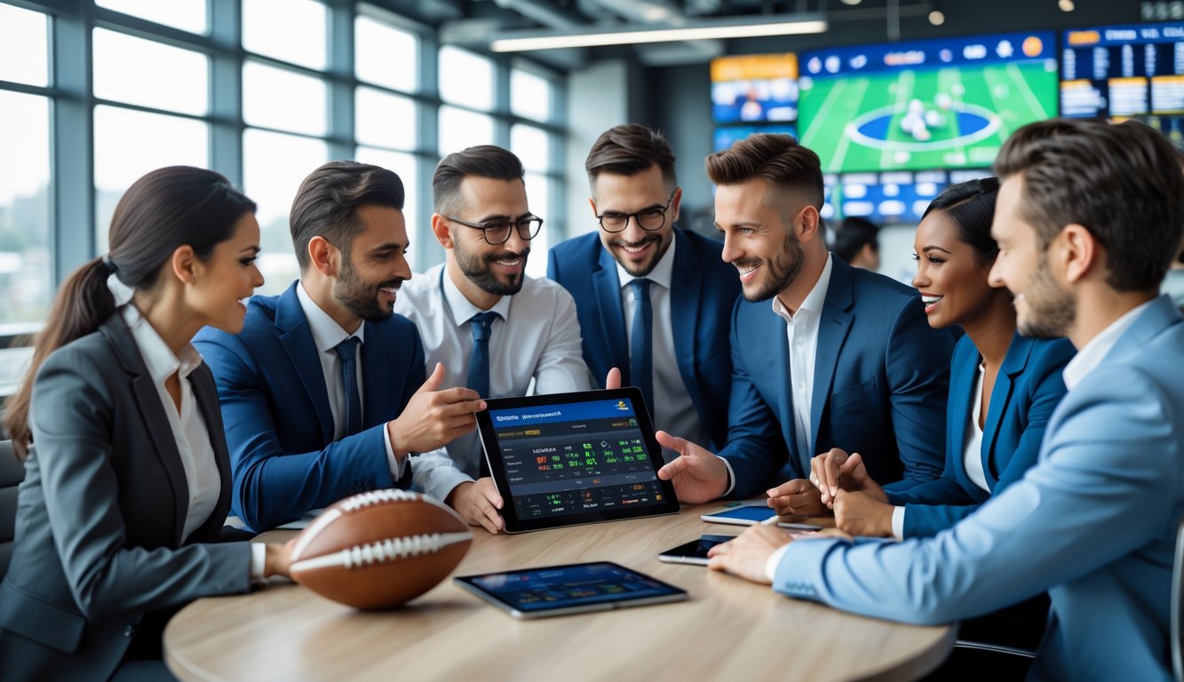 Sekelompok profesional bisnis sedang berdiskusi di kantor modern dengan tablet yang menampilkan statistik taruhan olahraga.