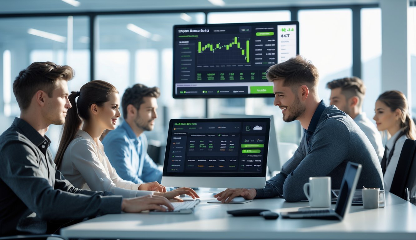 Sekelompok orang muda bekerja di kantor modern dengan komputer yang menampilkan antarmuka taruhan olahraga online.