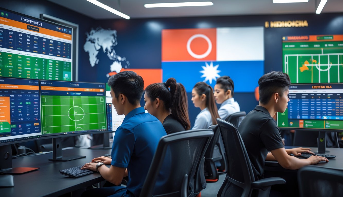 Sekelompok orang muda menggunakan komputer di kantor modern dengan layar yang menampilkan aktivitas taruhan olahraga online.