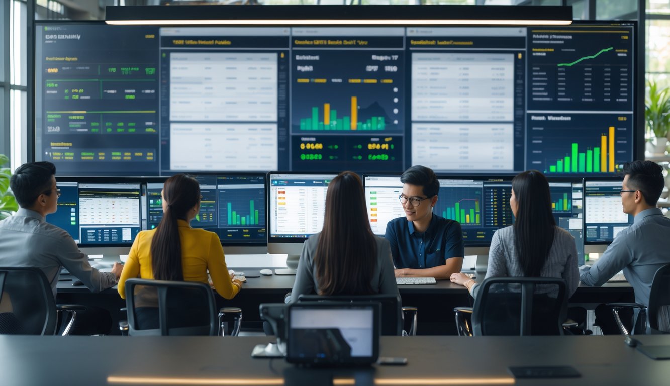 Sekelompok orang muda sedang bekerja dengan komputer yang menampilkan data taruhan bola di sebuah kantor modern.