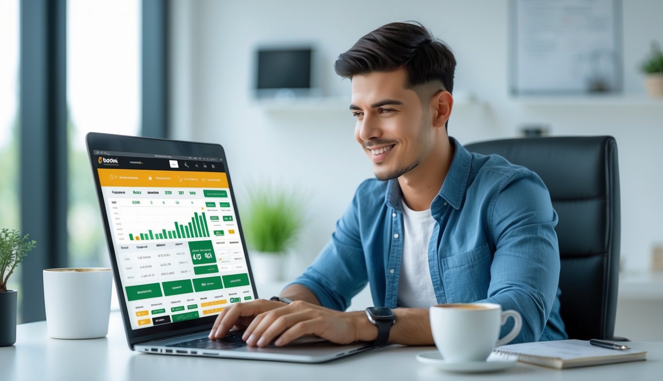 Seorang pria muda duduk di meja modern menggunakan laptop dengan tampilan situs taruhan bola, menunjukkan proses pendaftaran yang cepat dan aman.