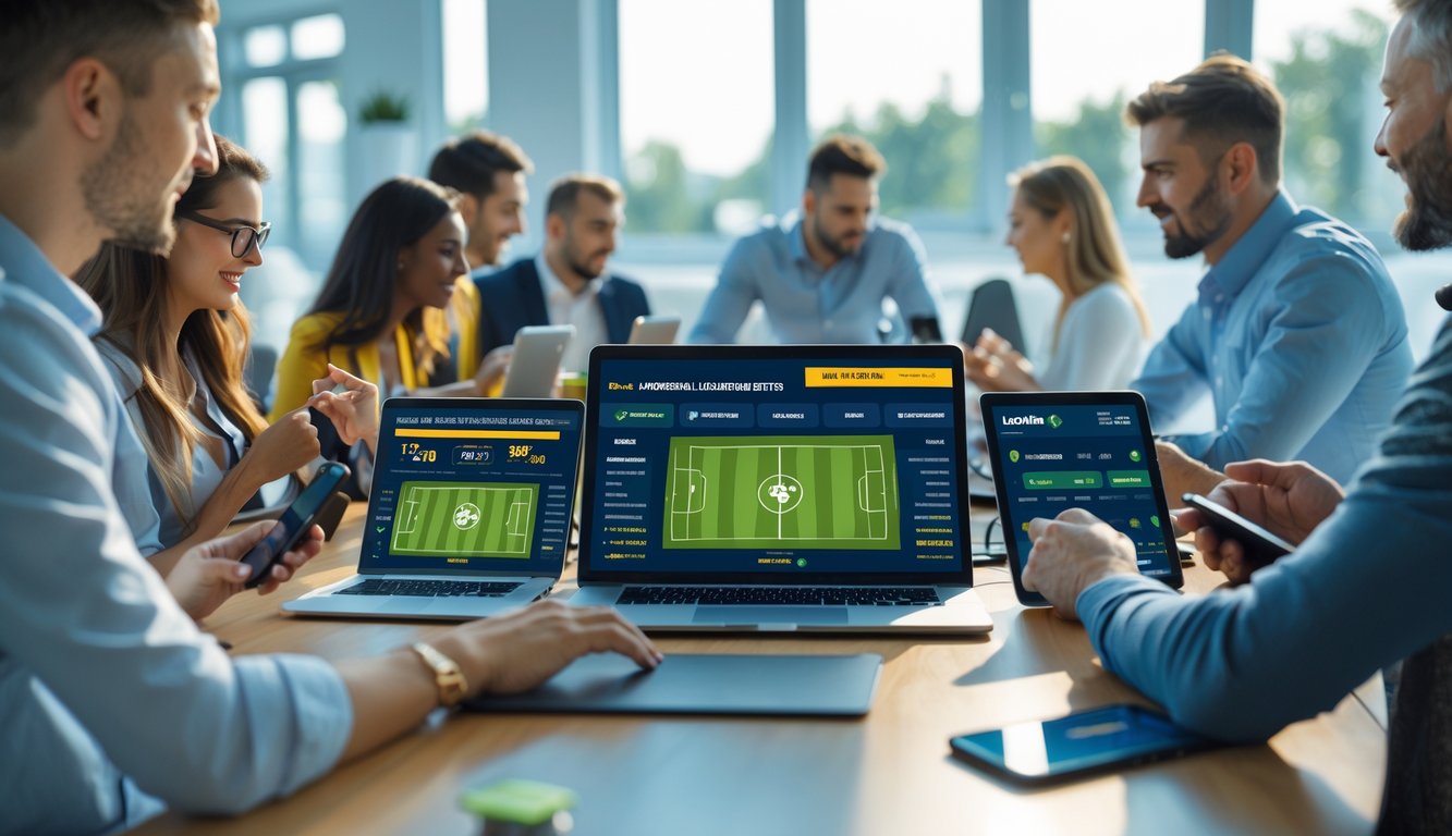 Orang-orang menggunakan perangkat digital untuk memasang taruhan bola di lingkungan modern dan terang.