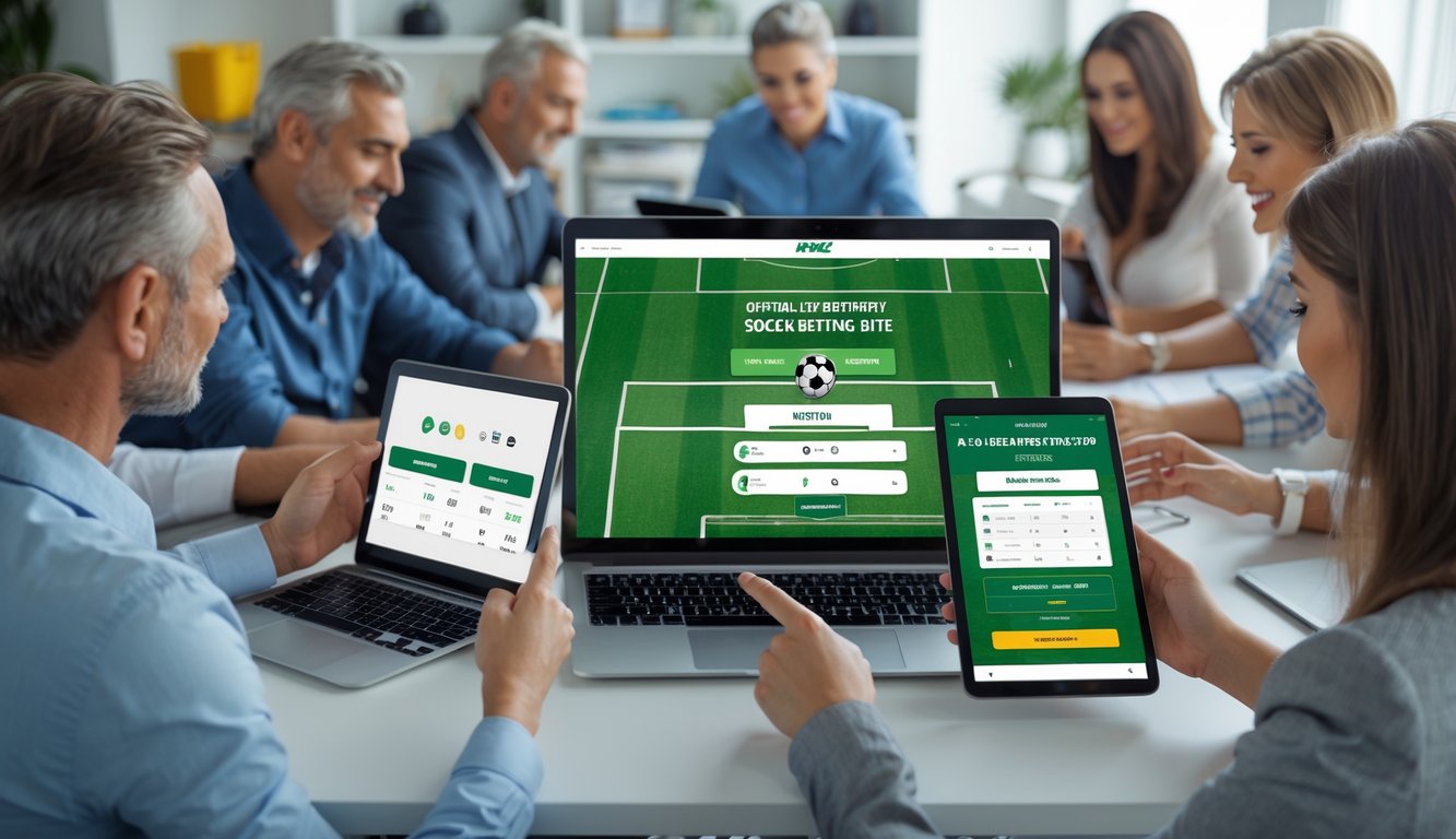 Beberapa orang menggunakan perangkat digital untuk memasang taruhan bola secara online dalam suasana ruang kerja modern yang terang dan nyaman.